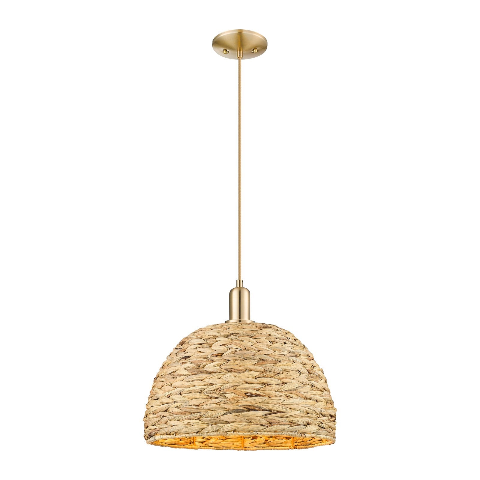 Innovations Woven Rattan 16in 1-Light Mini Pendant | Industrial Champagne Bronze Steel and Natural Fiber Dome Shade | Kitchen | Model 716-1P-CB-RBD-16-NAT