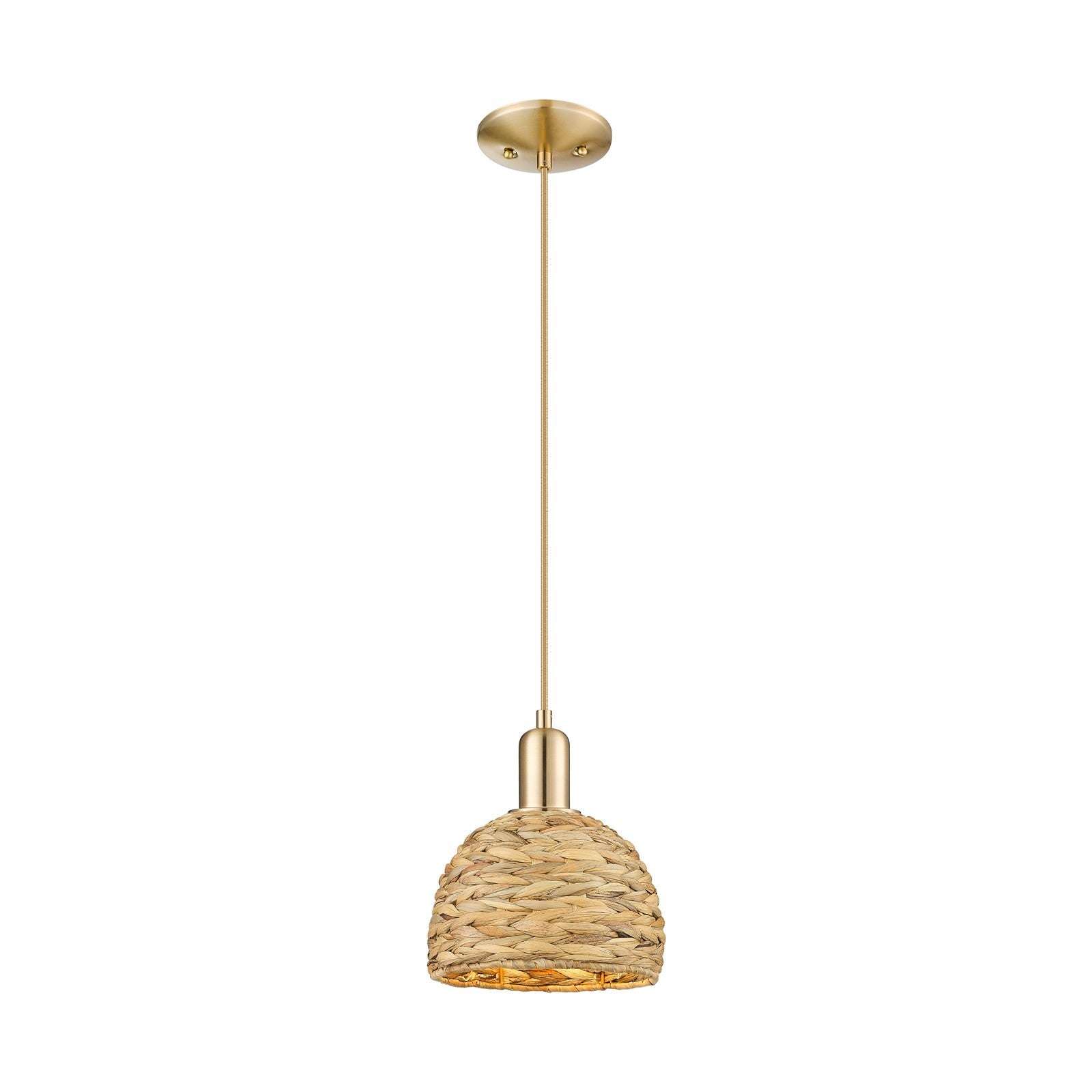 Innovations Woven Rattan 8in 1-Light Mini Pendant | Industrial Champagne Bronze Steel and Natural Fiber Dome Shade | Kitchen | Model 716-1P-CB-RBD-8-NAT