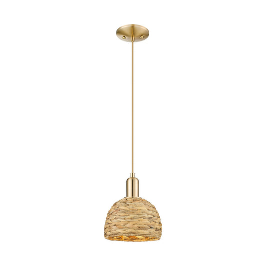Innovations Woven Rattan 8in 1-Light Mini Pendant | Industrial Champagne Bronze Steel and Natural Fiber Dome Shade | Kitchen | Model 716-1P-CB-RBD-8-NAT