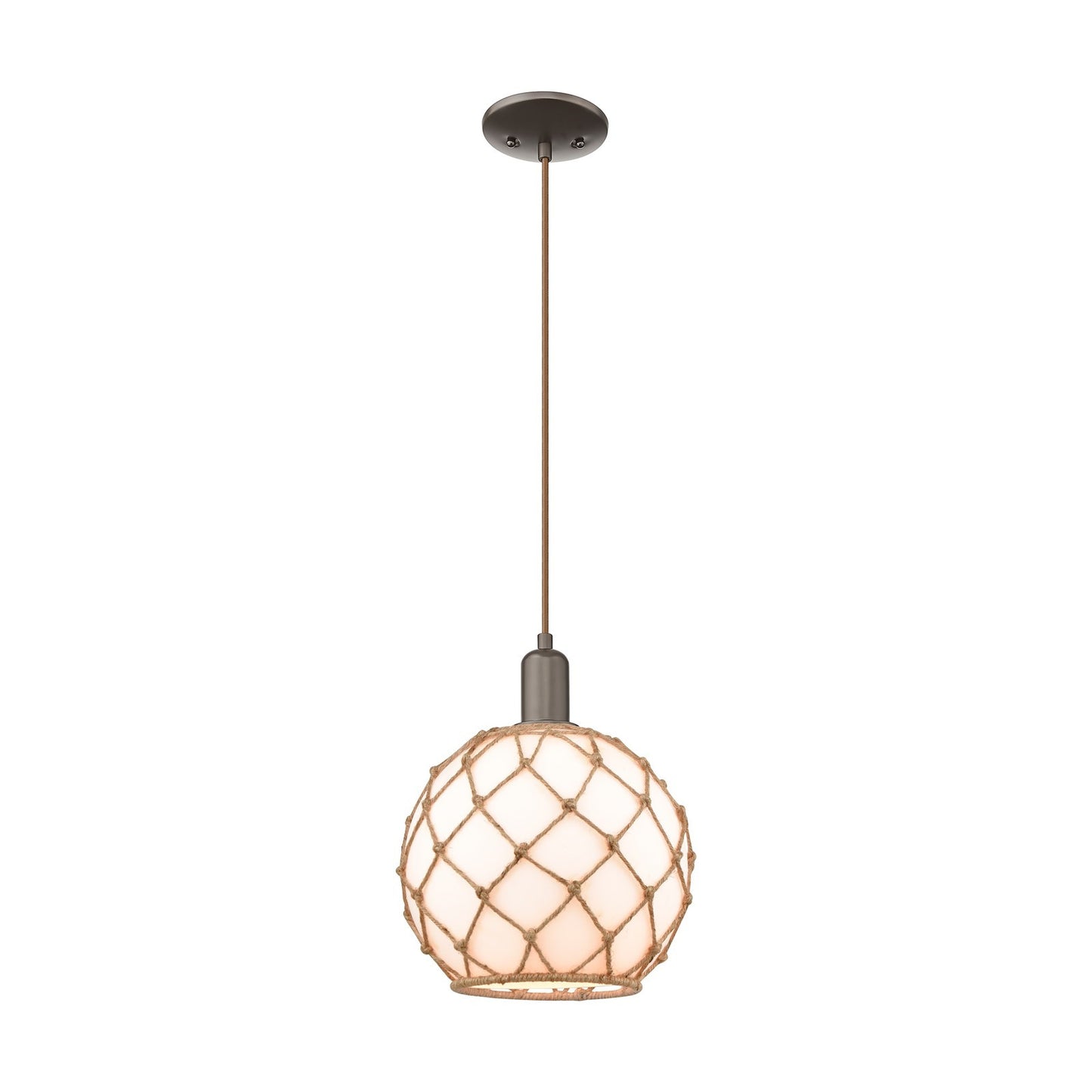 Innovations Farmhouse Rope 10in 1-Light Mini Pendant | Industrial Oil Rubbed Bronze Steel and Matte White Glass with Brown | Model 716-1P-OB-G121-10RB