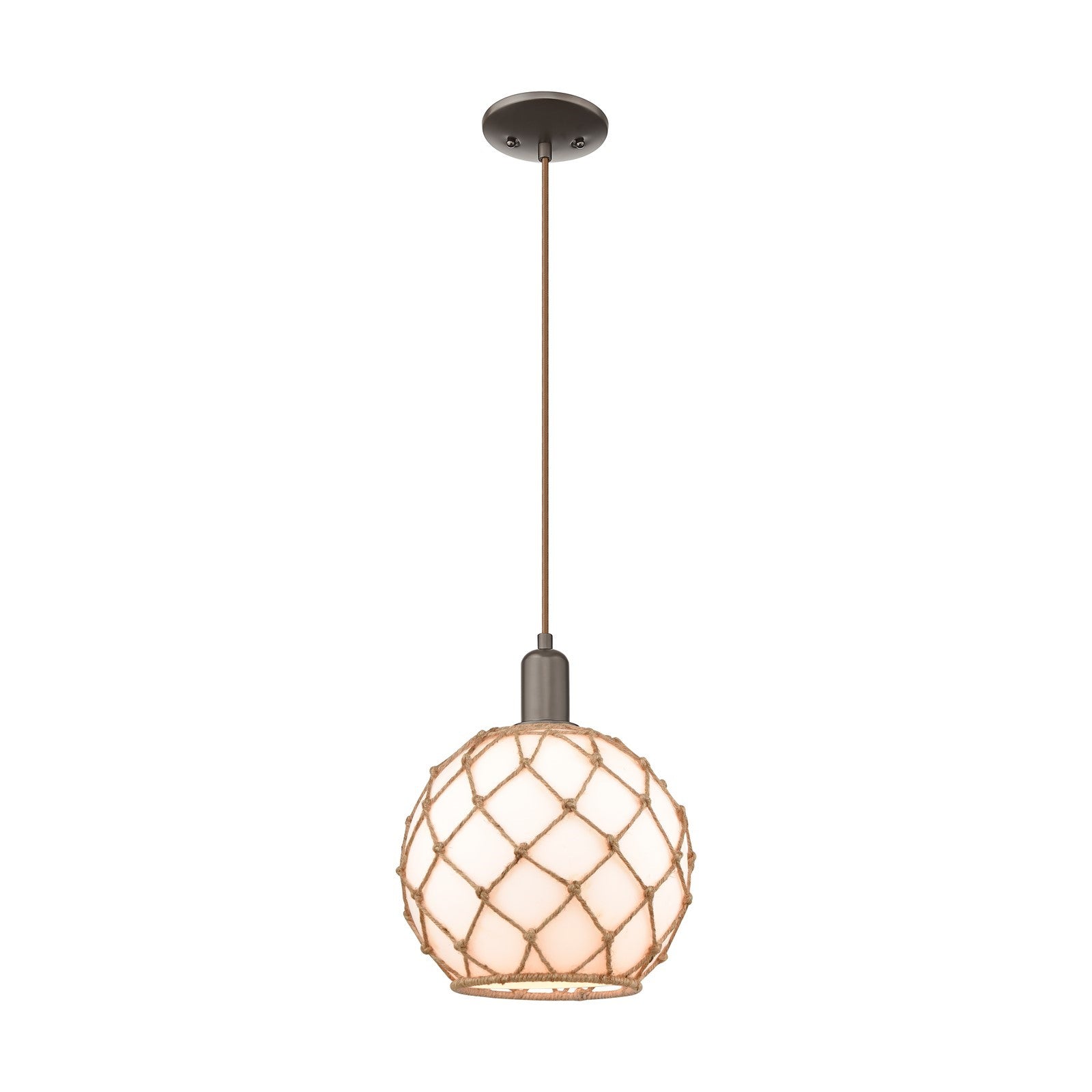 Innovations Farmhouse Rope 10in 1-Light Mini Pendant | Industrial Oil Rubbed Bronze Steel and Matte White Glass with Brown | Model 716-1P-OB-G121-10RB
