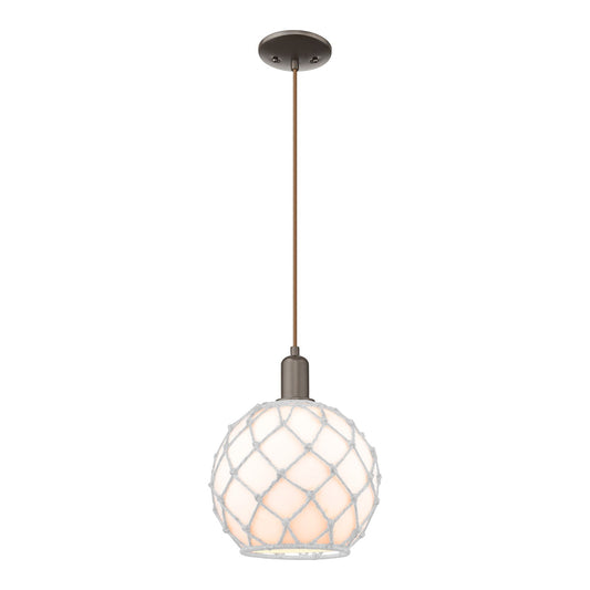 Innovations Farmhouse Rope 10in 1-Light Mini Pendant | Industrial Oil Rubbed Bronze Steel and White Glass with Rope | Kitchen | Model 716-1P-OB-G121-10RW
