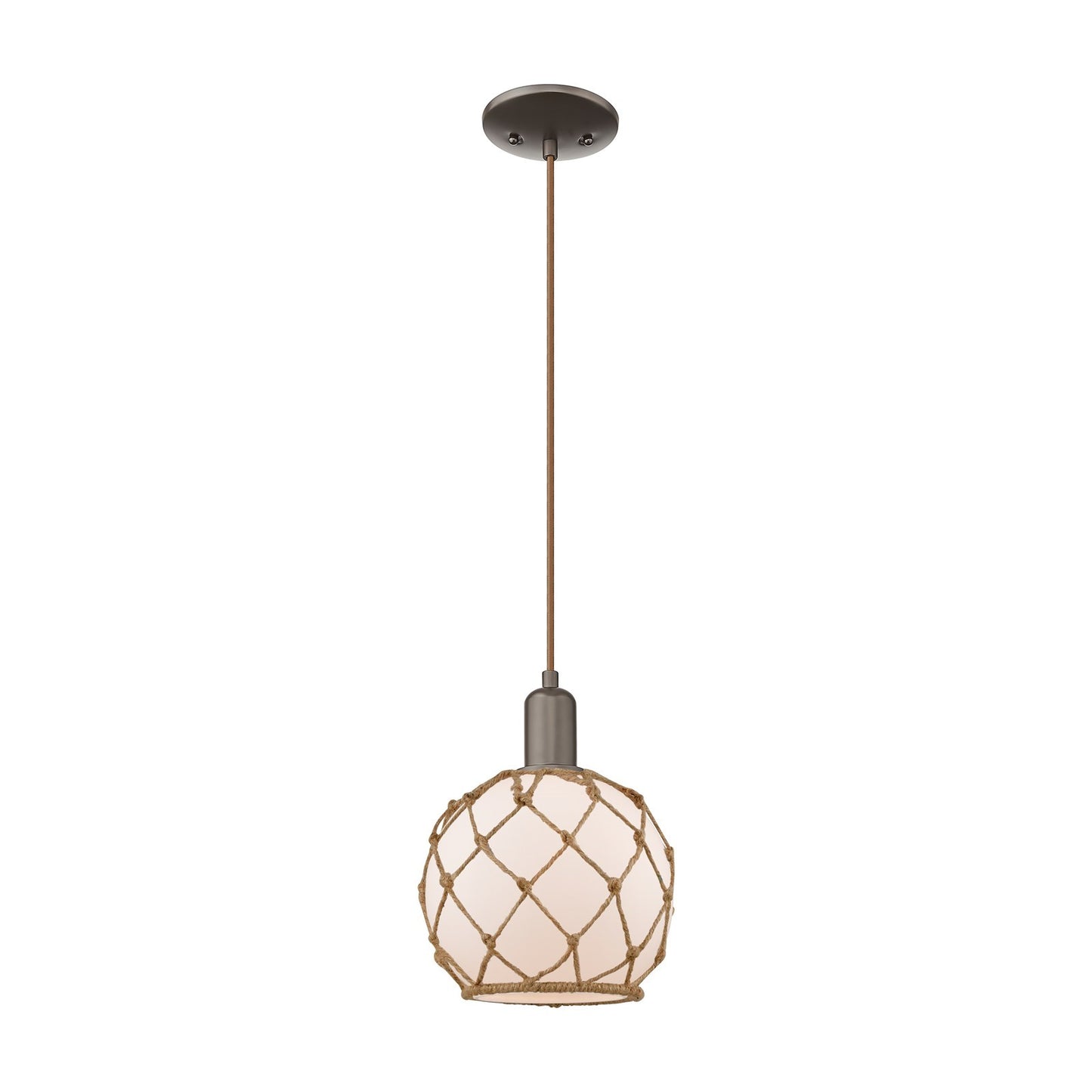 Innovations Farmhouse Rope 8in 1-Light Mini Pendant | Industrial Oil Rubbed Bronze Steel and White Frosted Glass with Brown | Model 716-1P-OB-G121-8RB