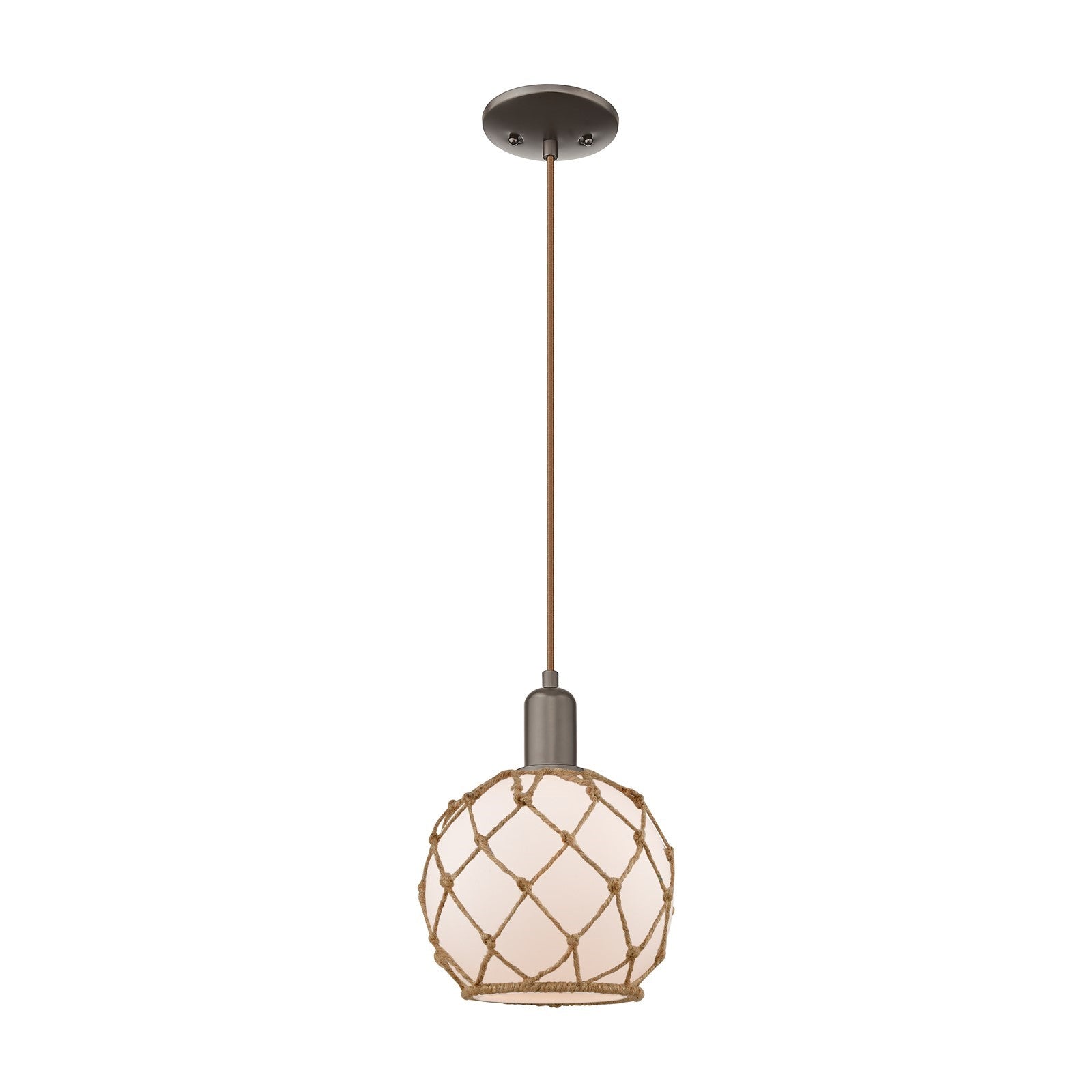 Innovations Farmhouse Rope 8in 1-Light Mini Pendant | Industrial Oil Rubbed Bronze Steel and White Frosted Glass with Brown | Model 716-1P-OB-G121-8RB