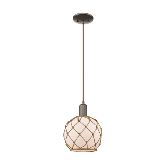 Innovations Farmhouse Rope 8in 1-Light Mini Pendant | Industrial Oil Rubbed Bronze Steel and White Frosted Glass with Brown | Model 716-1P-OB-G121-8RB