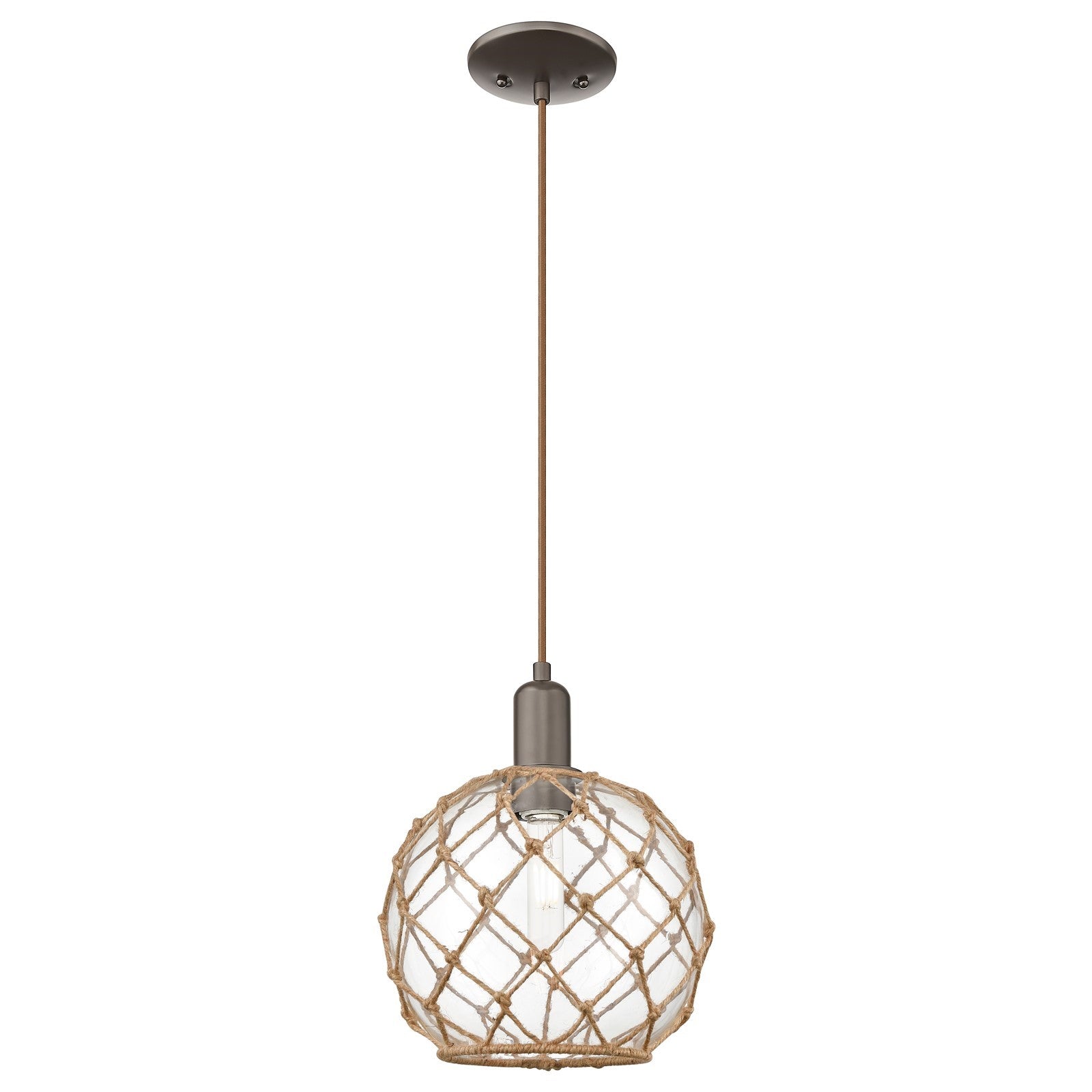 Innovations Farmhouse Rope 10in 1-Light Mini Pendant | Industrial Oil Rubbed Bronze Steel and Clear Glass with Brown Rope | Model 716-1P-OB-G122-10RB