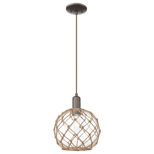 Innovations Farmhouse Rope 10in 1-Light Mini Pendant | Industrial Oil Rubbed Bronze Steel and Clear Glass with Brown Rope | Model 716-1P-OB-G122-10RB