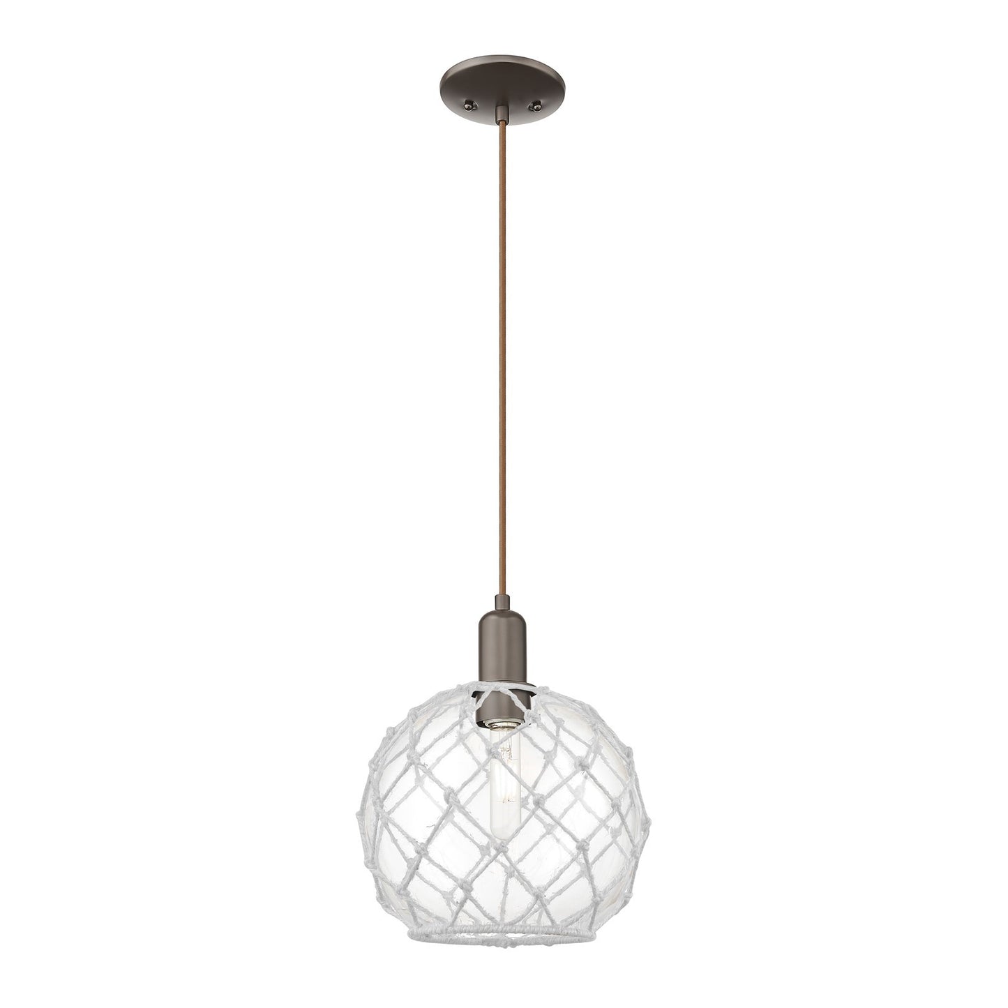 Innovations Farmhouse Rope 10in 1-Light Mini Pendant | Industrial Oil Rubbed Bronze Steel and Clear Glass with White Rope | Model 716-1P-OB-G122-10RW