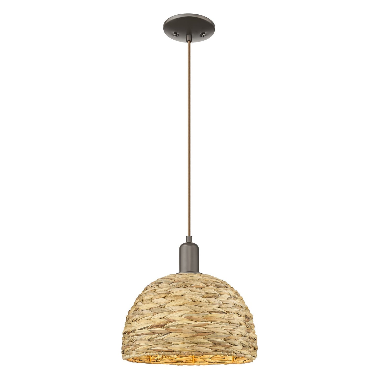 Innovations Woven Rattan 12in 1-Light Mini Pendant | Industrial Oil Rubbed Bronze Steel and Natural Fiber Dome Shade | Model 716-1P-OB-RBD-12-NAT