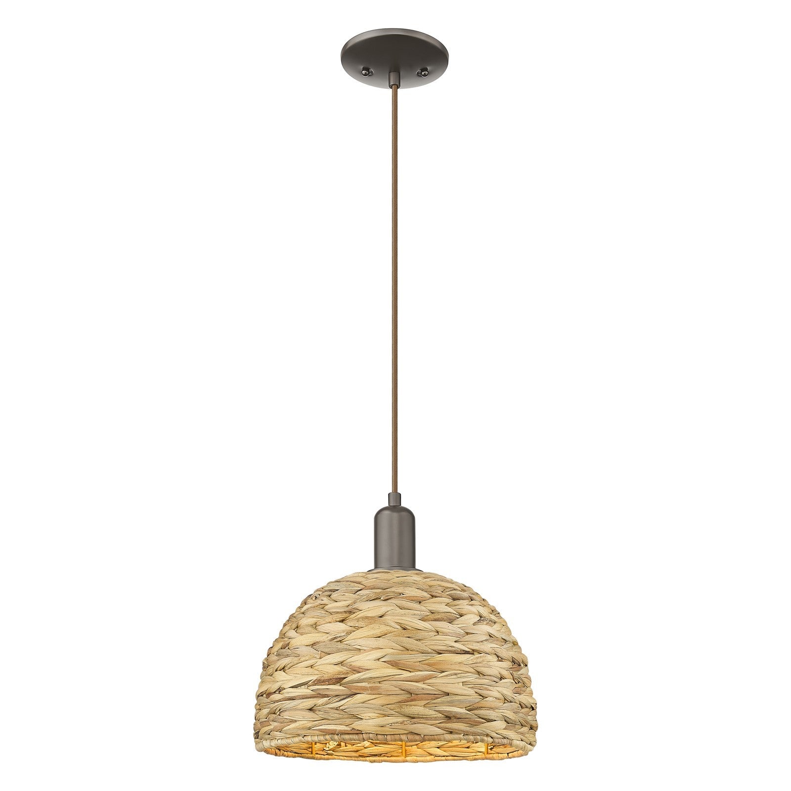 Innovations Woven Rattan 12in 1-Light Mini Pendant | Industrial Oil Rubbed Bronze Steel and Natural Fiber Dome Shade | Model 716-1P-OB-RBD-12-NAT