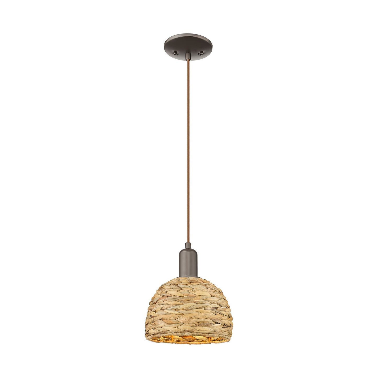 Innovations Woven Rattan 8in 1-Light Mini Pendant | Rustic Farmhouse Oil Rubbed Bronze Steel and Natural Woven Rattan Shade | Model 716-1P-OB-RBD-8-NAT
