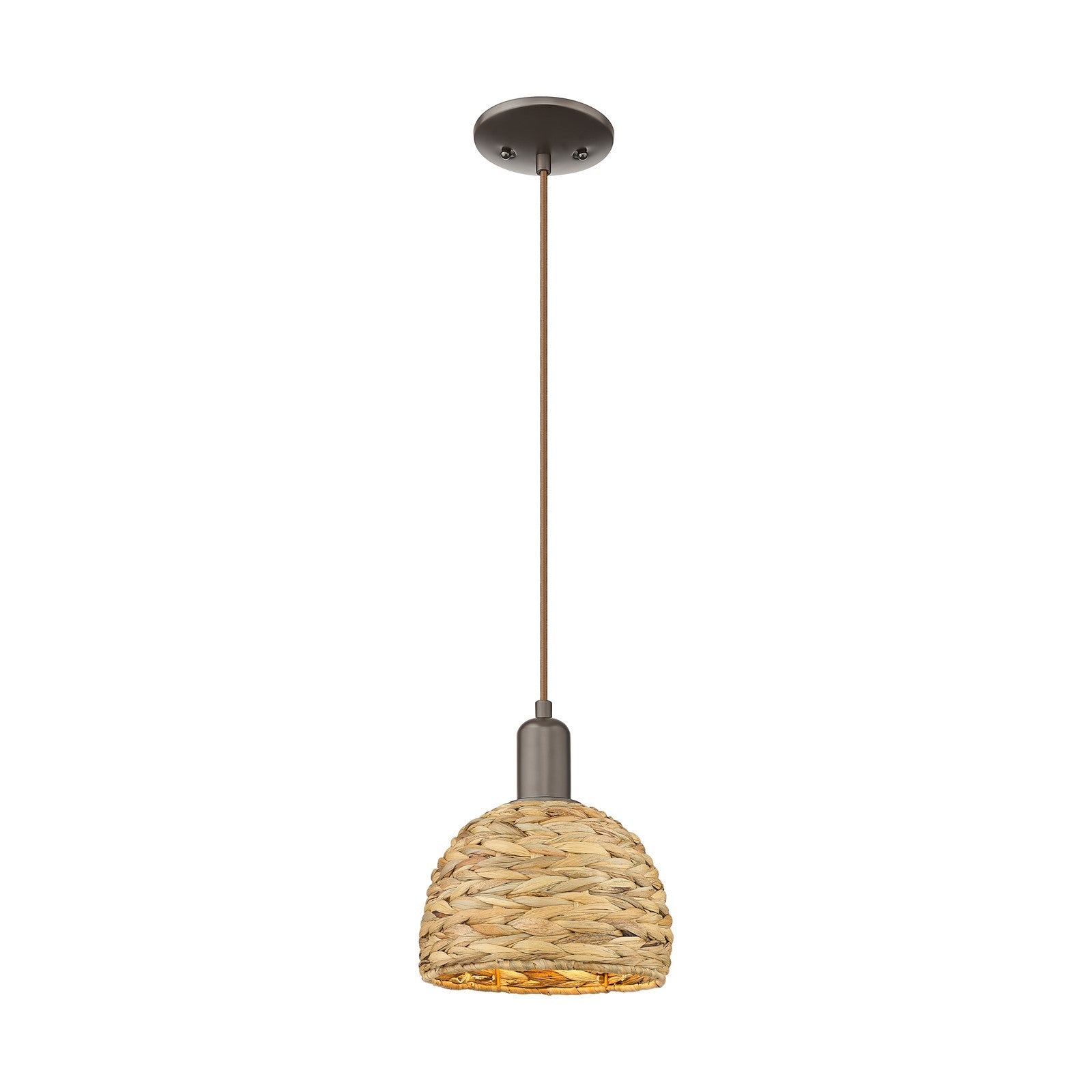 Innovations Woven Rattan 8in 1-Light Mini Pendant | Rustic Farmhouse Oil Rubbed Bronze Steel and Natural Woven Rattan Shade | Model 716-1P-OB-RBD-8-NAT