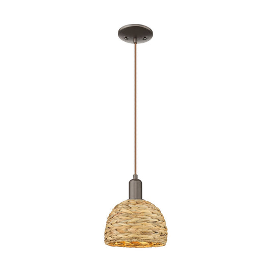 Innovations Woven Rattan 8in 1-Light Mini Pendant | Rustic Farmhouse Oil Rubbed Bronze Steel and Natural Woven Rattan Shade | Model 716-1P-OB-RBD-8-NAT