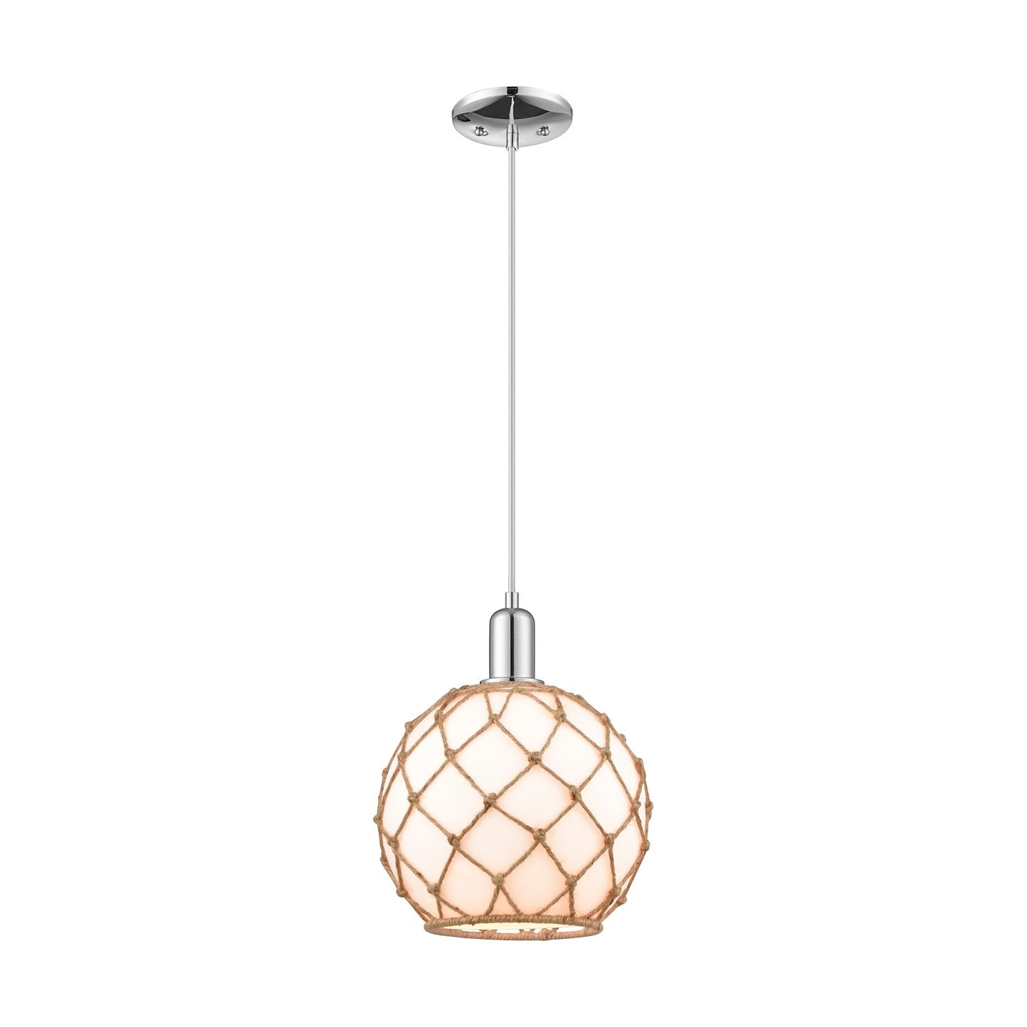 Innovations Farmhouse Rope 10in 1-Light Mini Pendant | Industrial Polished Chrome and Matte White Glass with Brown Rope | Model 716-1P-PC-G121-10RB