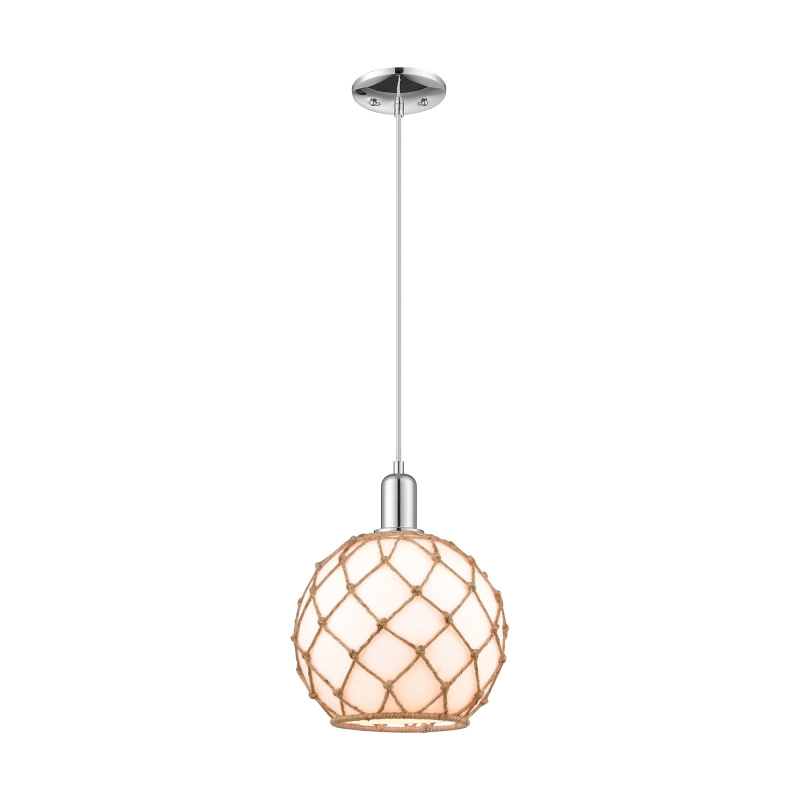 Innovations Farmhouse Rope 10in 1-Light Mini Pendant | Industrial Polished Chrome and Matte White Glass with Brown Rope | Model 716-1P-PC-G121-10RB