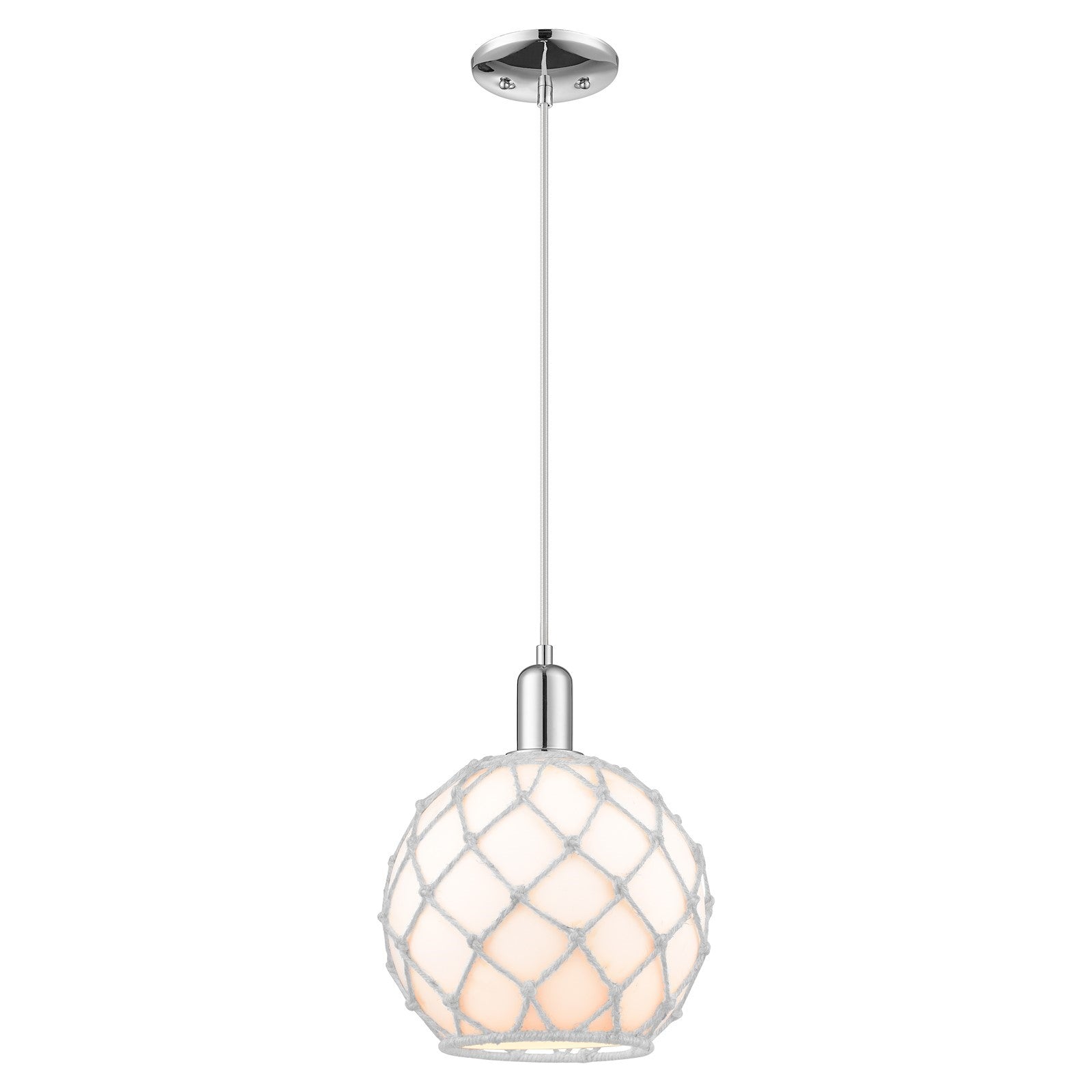 Innovations Farmhouse Rope 10in 1-Light Mini Pendant | Industrial Polished Chrome Steel and White Glass with Rope | Kitchen | Model 716-1P-PC-G121-10RW