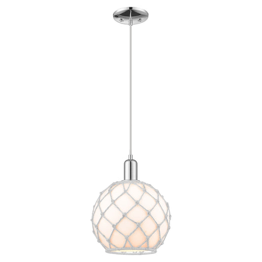Innovations Farmhouse Rope 10in 1-Light Mini Pendant | Industrial Polished Chrome Steel and White Glass with Rope | Kitchen | Model 716-1P-PC-G121-10RW