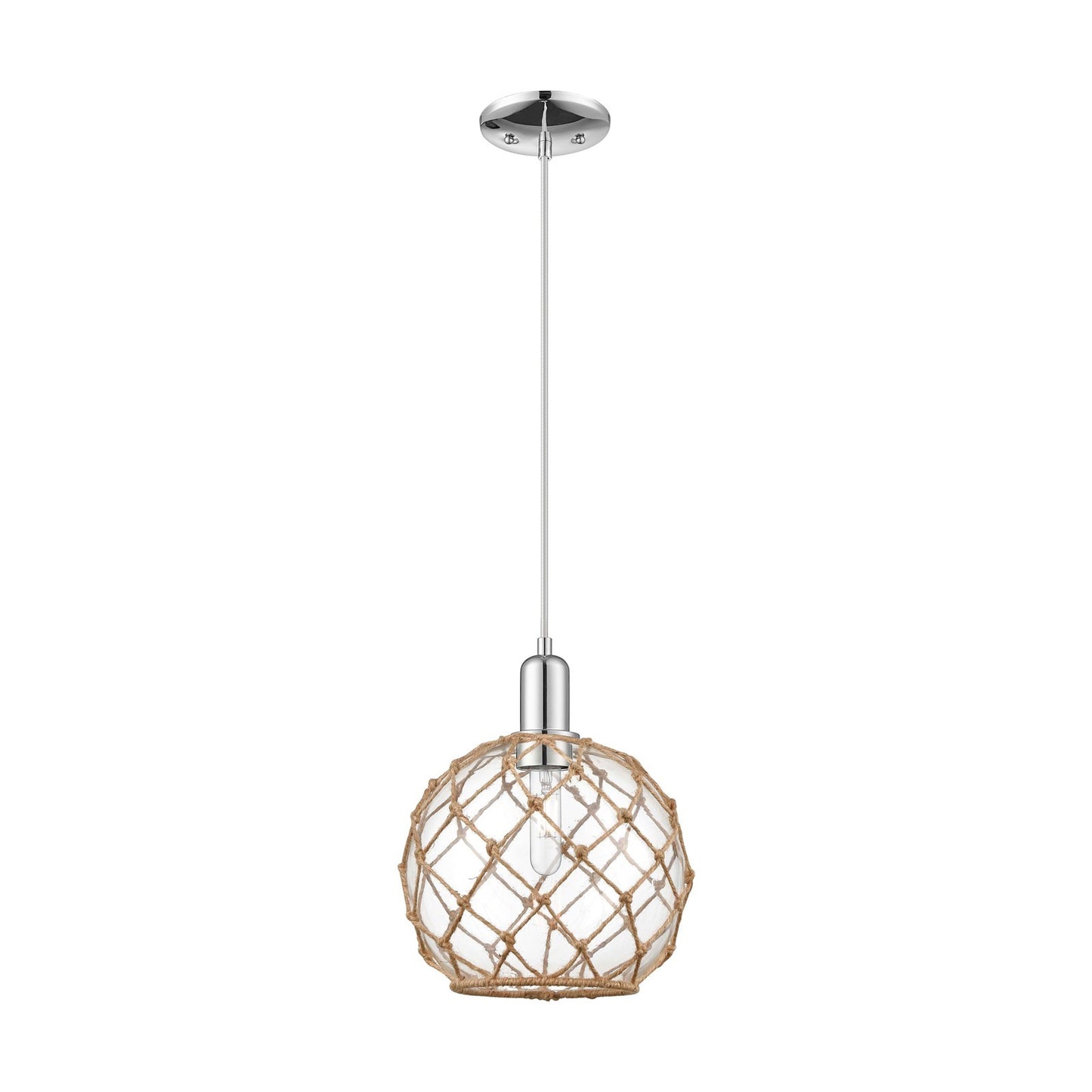 Innovations Farmhouse Rope 10in 1-Light Mini Pendant | Industrial Polished Chrome Steel and Clear Glass with Brown Rope | Model 716-1P-PC-G122-10RB