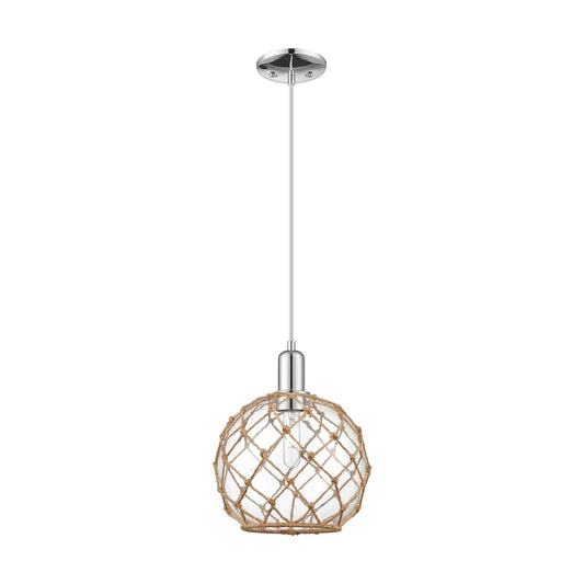 Innovations Farmhouse Rope 10in 1-Light Mini Pendant | Industrial Polished Chrome Steel and Clear Glass with Brown Rope | Model 716-1P-PC-G122-10RB