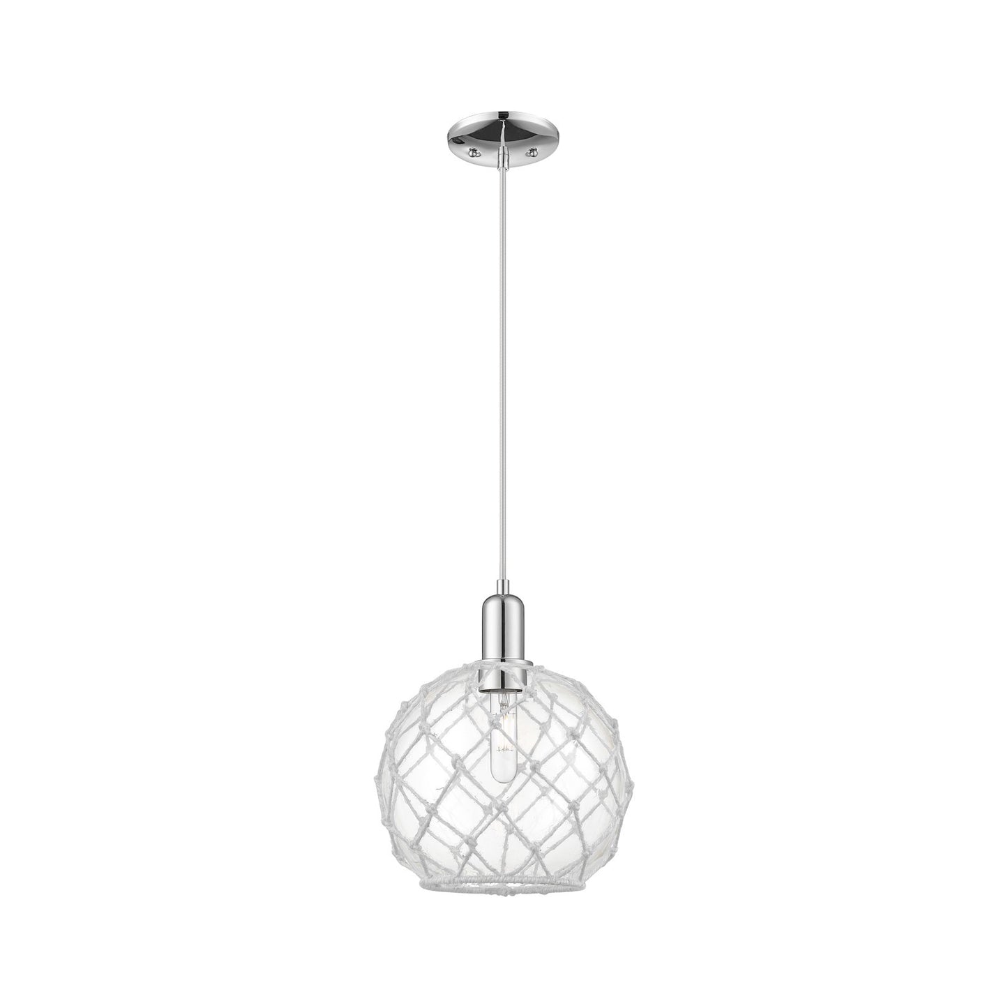 Innovations Farmhouse Rope 10in 1-Light Mini Pendant | Industrial Polished Chrome Steel and Clear Glass with White Rope | Model 716-1P-PC-G122-10RW