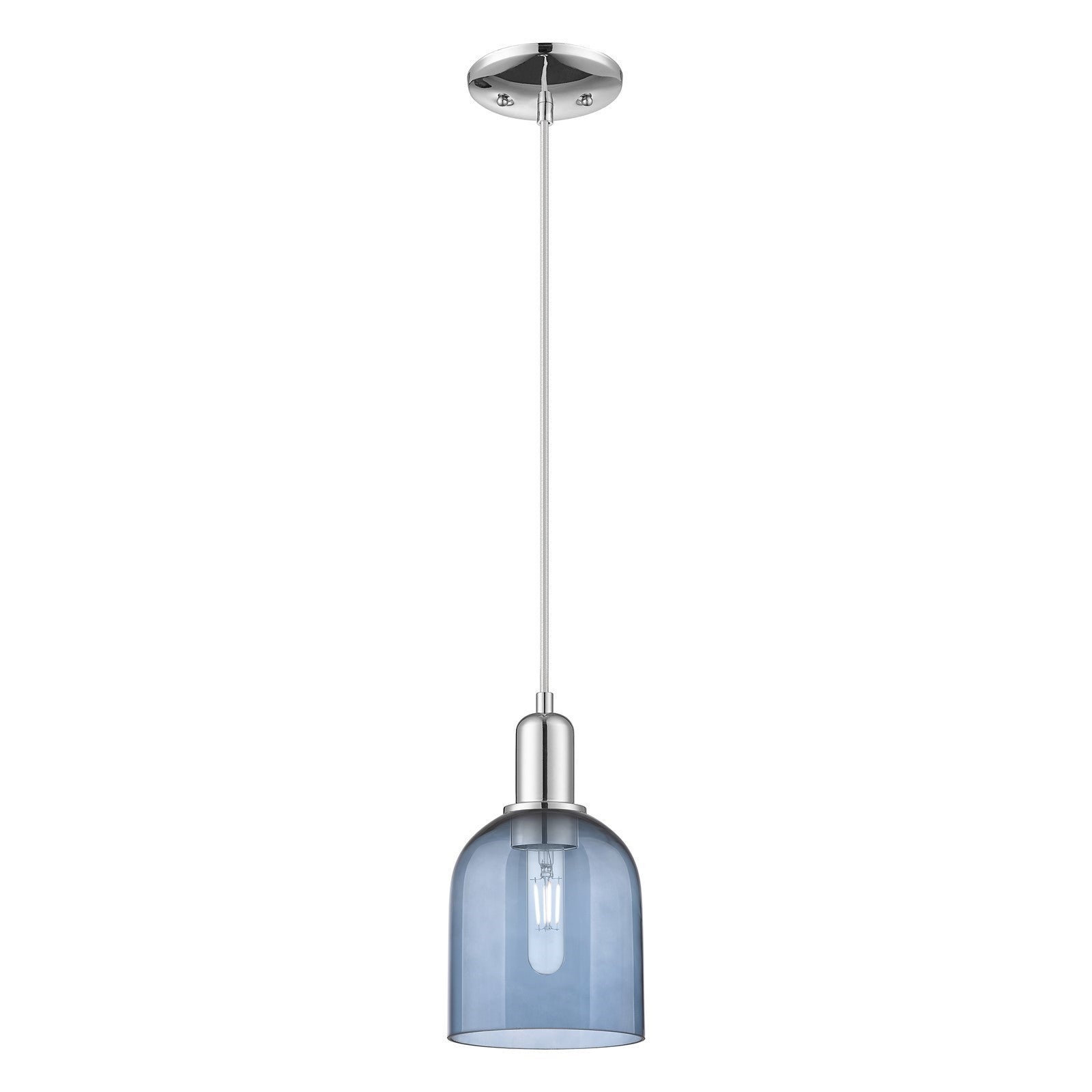 Innovations Bella 6in 1-Light Mini Pendant | Industrial Polished Chrome and Blue Glass | Kitchen Island & Dining Room | Damp | Model 716-1P-PC-G558-6BL