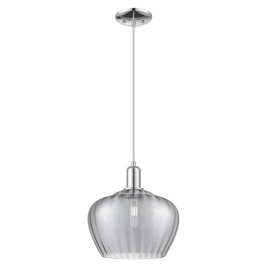 Innovations Fenton 11in 1-Light Mini Pendant | Industrial Polished Chrome and Light Smoke Ribbed Glass | Kitchen Island & Dining | Model 716-1P-PC-G93-L