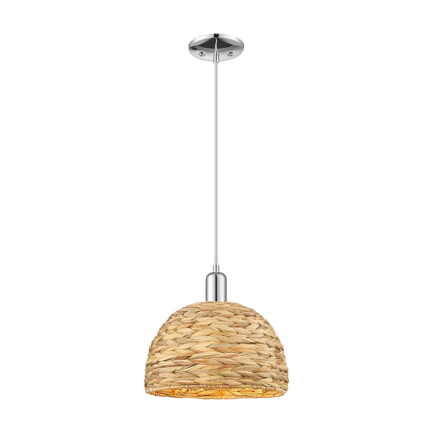 Innovations Woven Rattan 12in 1-Light Mini Pendant | Industrial Polished Chrome and Natural Rattan | Kitchen Island & Dining | Model 716-1P-PC-RBD-12-NAT