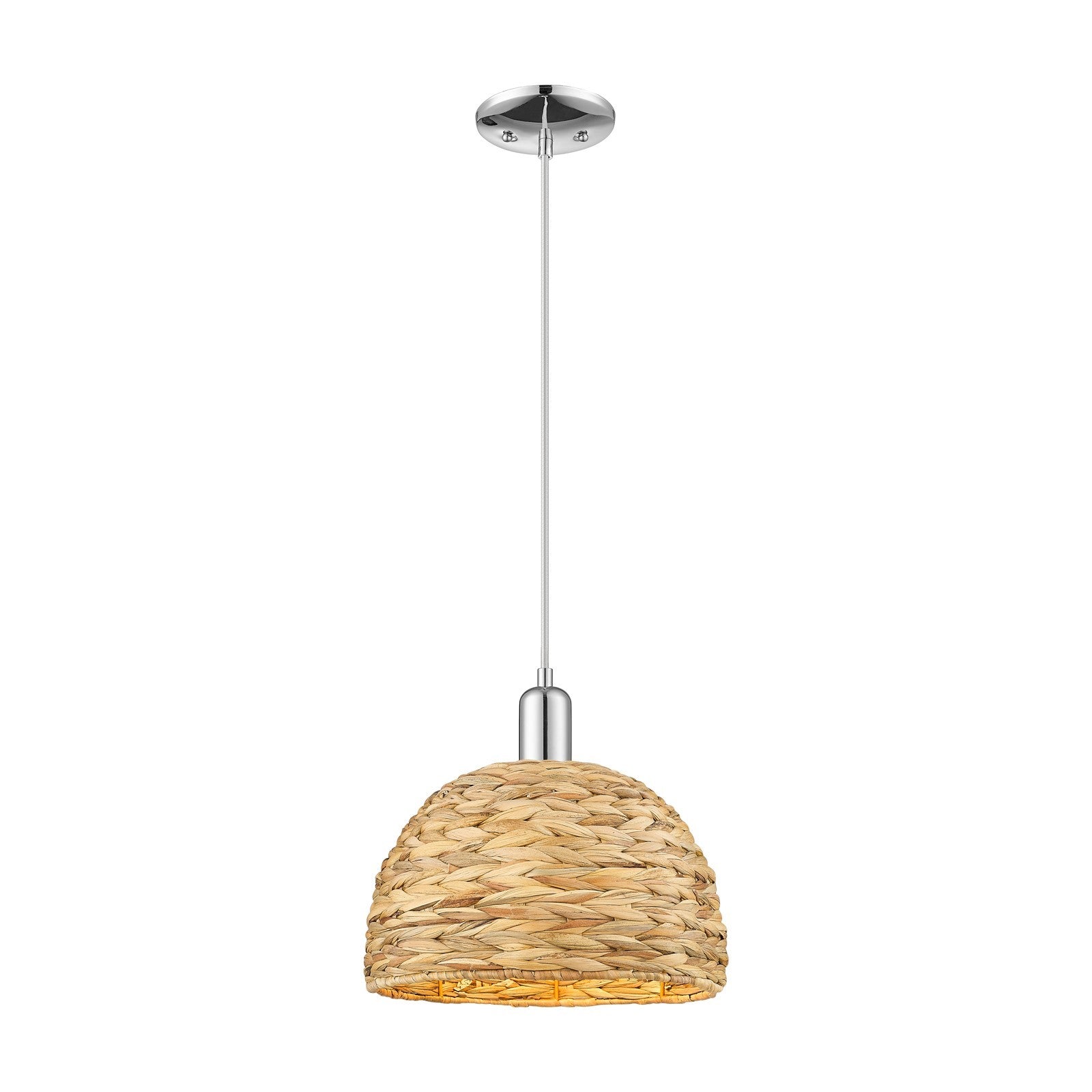 Innovations Woven Rattan 12in 1-Light Mini Pendant | Industrial Polished Chrome and Natural Rattan | Kitchen Island & Dining | Model 716-1P-PC-RBD-12-NAT