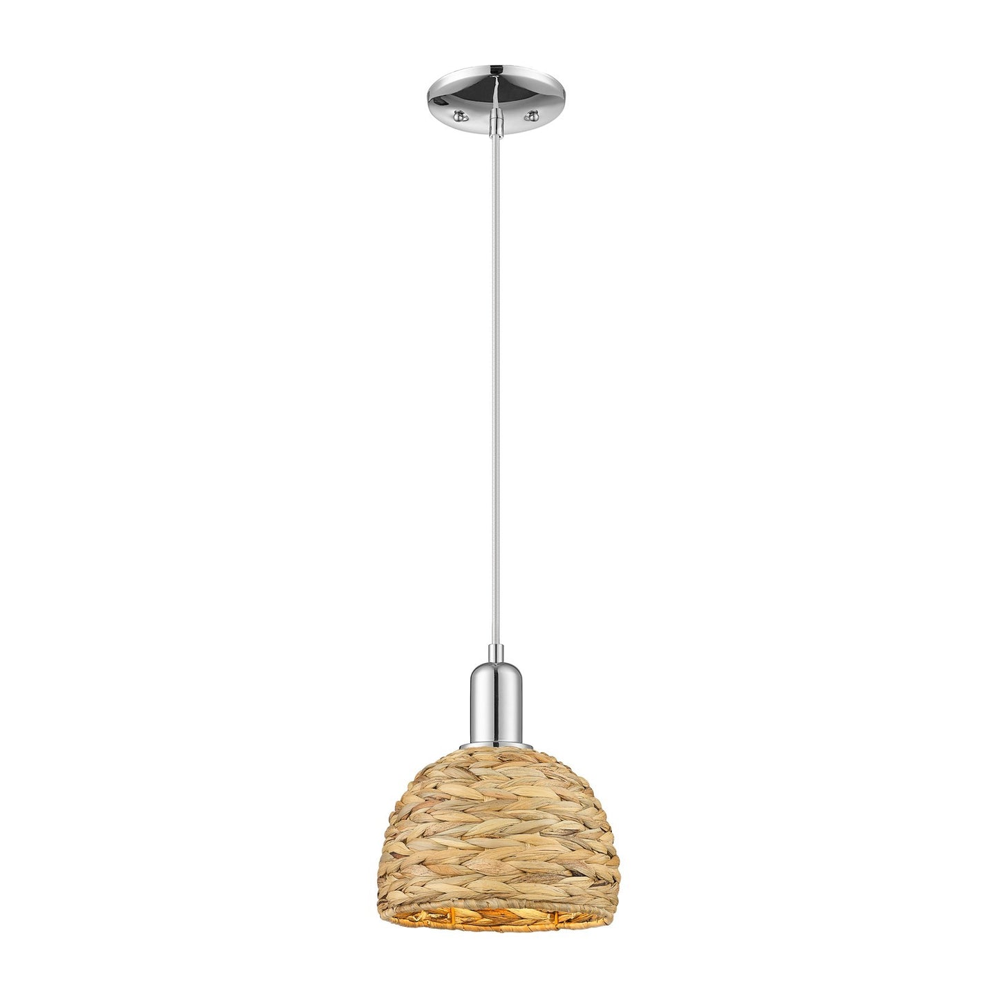 Innovations Woven Rattan 8in 1-Light Mini Pendant | Rustic Farmhouse Polished Chrome and Natural Woven Rattan | Kitchen Island | Model 716-1P-PC-RBD-8-NAT