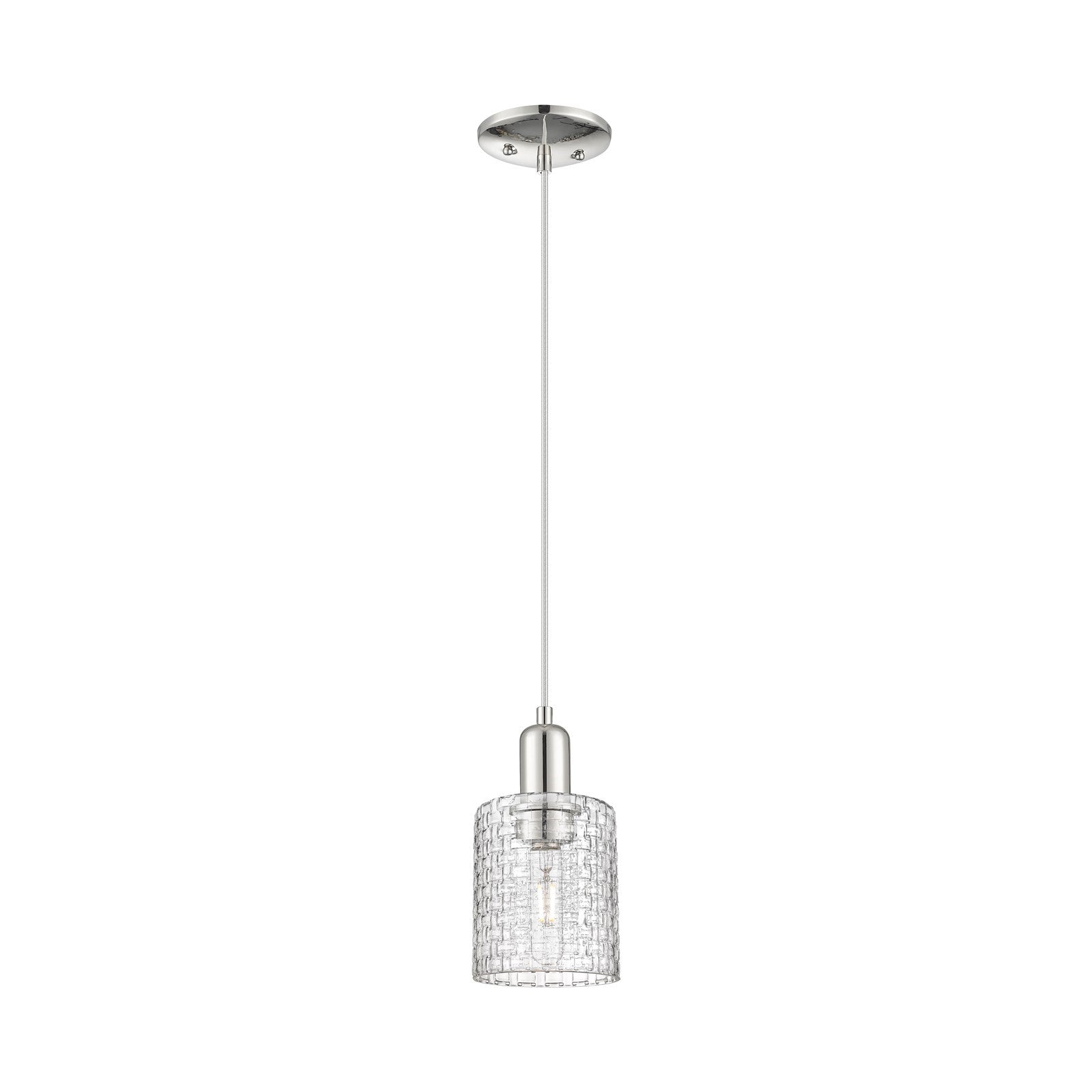 Innovations Cobbleskill 5in 1-Light Mini Pendant | Industrial Polished Nickel Steel and Clear Basket Weave Glass | Kitchen | Model 716-1P-PN-G112C-5CL