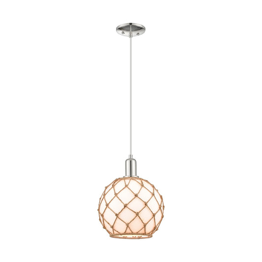 Innovations Farmhouse Rope 10in 1-Light Mini Pendant | Industrial Polished Nickel and Matte White Glass with Brown Rope | Model 716-1P-PN-G121-10RB