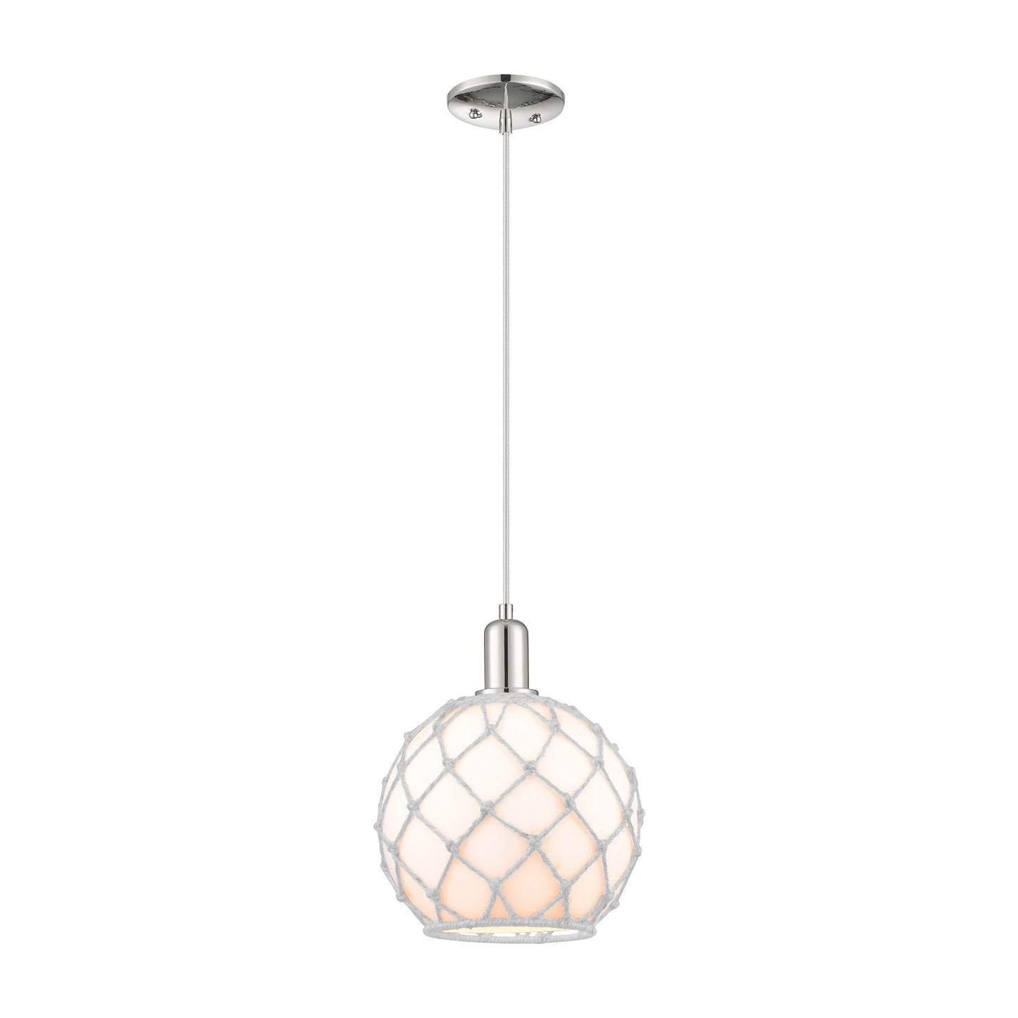Innovations Farmhouse Rope 10in 1-Light Mini Pendant | Industrial Polished Nickel and White Glass with Rope | Kitchen Island & | Model 716-1P-PN-G121-10RW