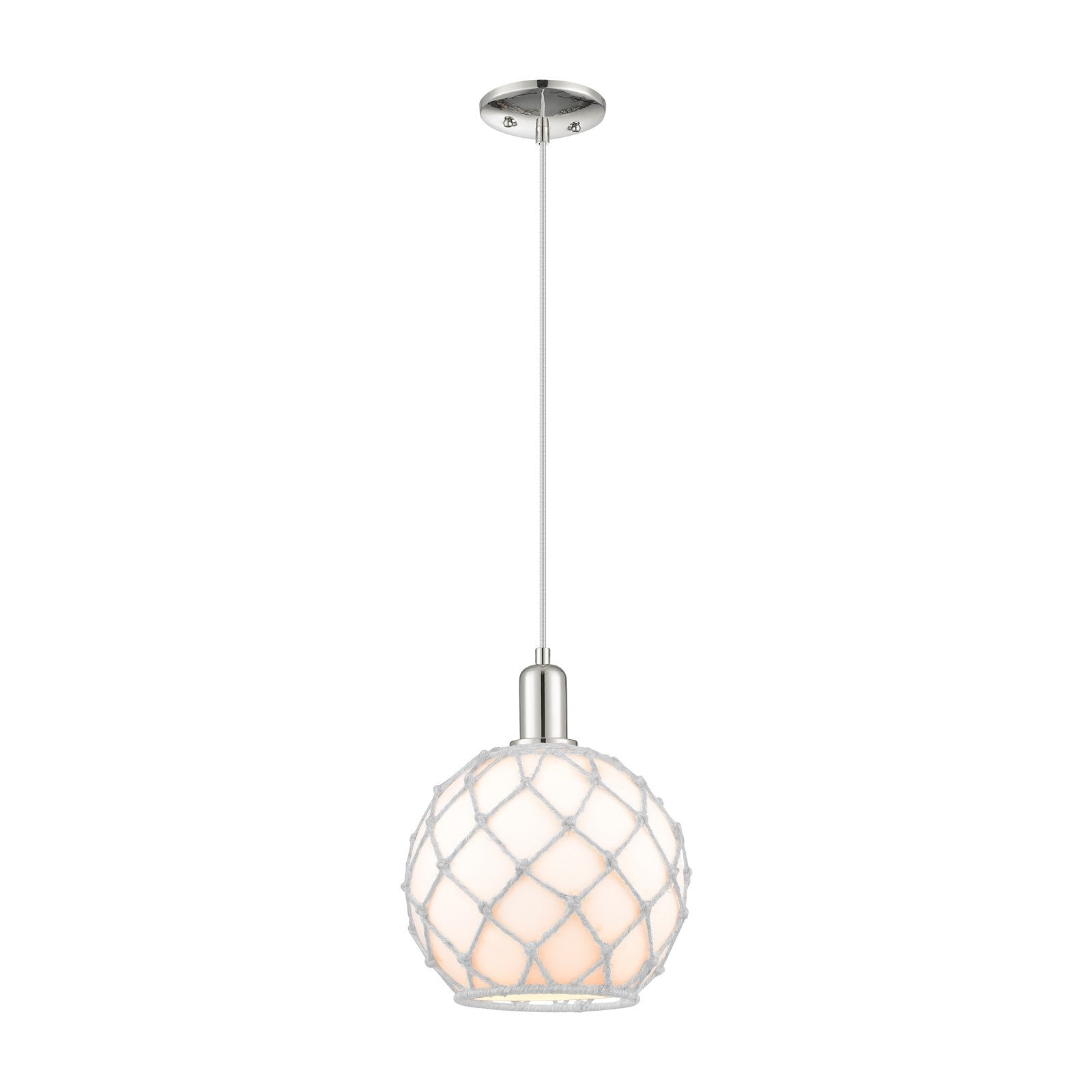 Innovations Farmhouse Rope 10in 1-Light Mini Pendant | Industrial Polished Nickel and White Glass with Rope | Kitchen Island & | Model 716-1P-PN-G121-10RW