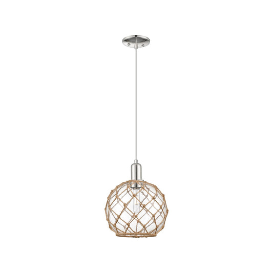 Innovations Farmhouse Rope 10in 1-Light Mini Pendant | Industrial Polished Nickel Steel and Clear Glass with Brown Rope | Model 716-1P-PN-G122-10RB
