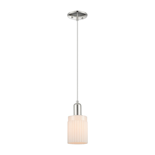 Innovations Hadley 1-Light 4.5in Mini Pendant | Industrial Polished Nickel and Matte White Ribbed Glass | Kitchen Island & Dining | Model 716-1P-PN-G341