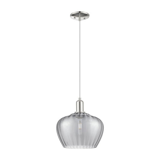 Innovations Fenton 11in 1-Light Mini Pendant | Industrial Polished Nickel and Light Smoke Ribbed Glass | Kitchen Island & Dining | Model 716-1P-PN-G93-L