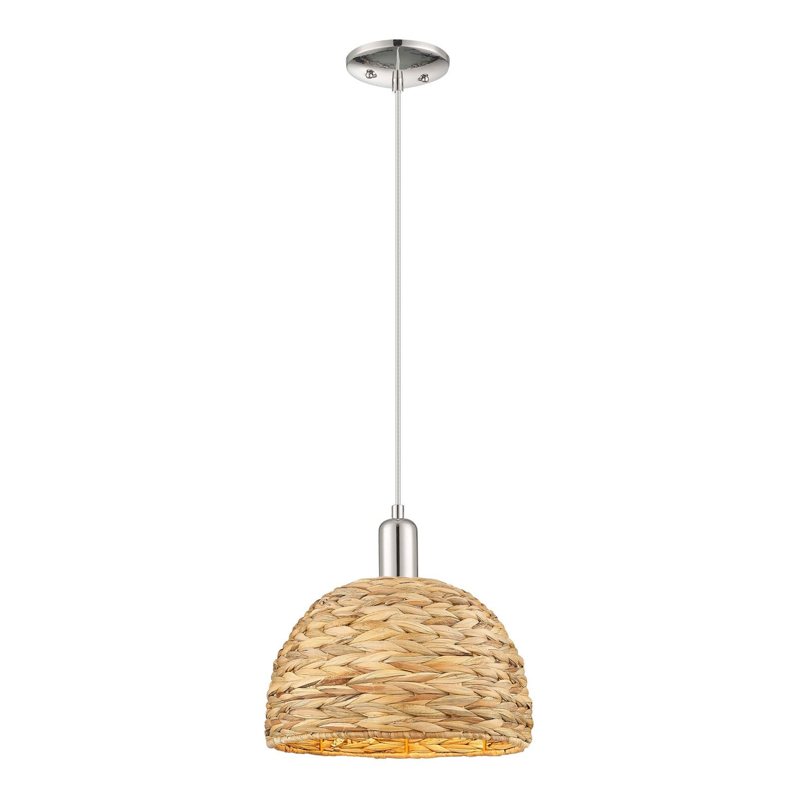Innovations Woven Rattan 12in 1-Light Mini Pendant | Industrial Polished Nickel and Natural Fiber Dome Shade | Kitchen Island | Model 716-1P-PN-RBD-12-NAT