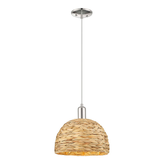Innovations Woven Rattan 12in 1-Light Mini Pendant | Industrial Polished Nickel and Natural Fiber Dome Shade | Kitchen Island | Model 716-1P-PN-RBD-12-NAT