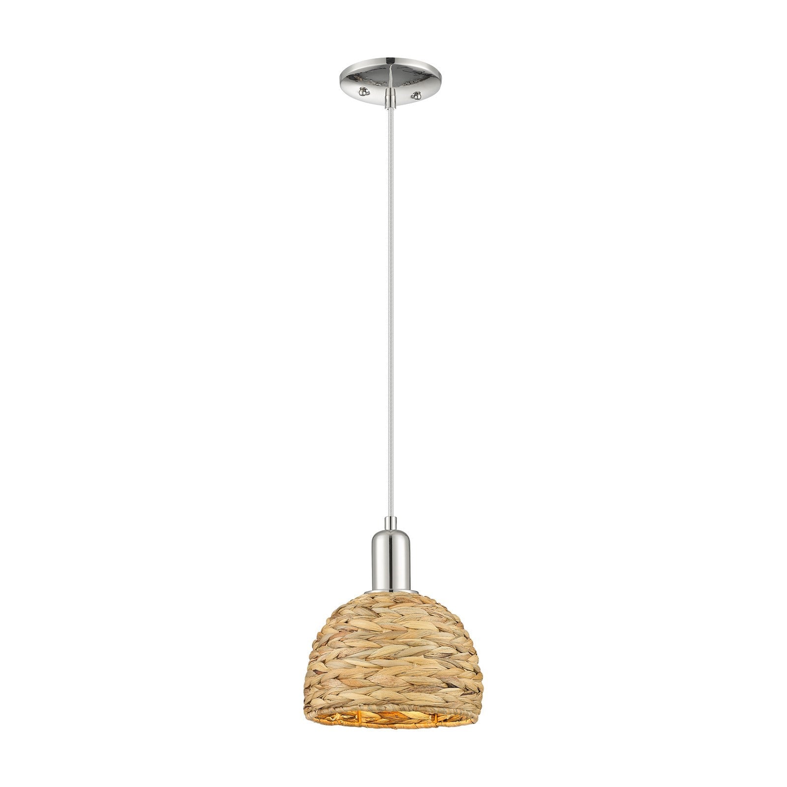 Innovations Woven Rattan 8in 1-Light Mini Pendant | Rustic Farmhouse Polished Nickel and Natural Woven Rattan | Kitchen Island | Model 716-1P-PN-RBD-8-NAT