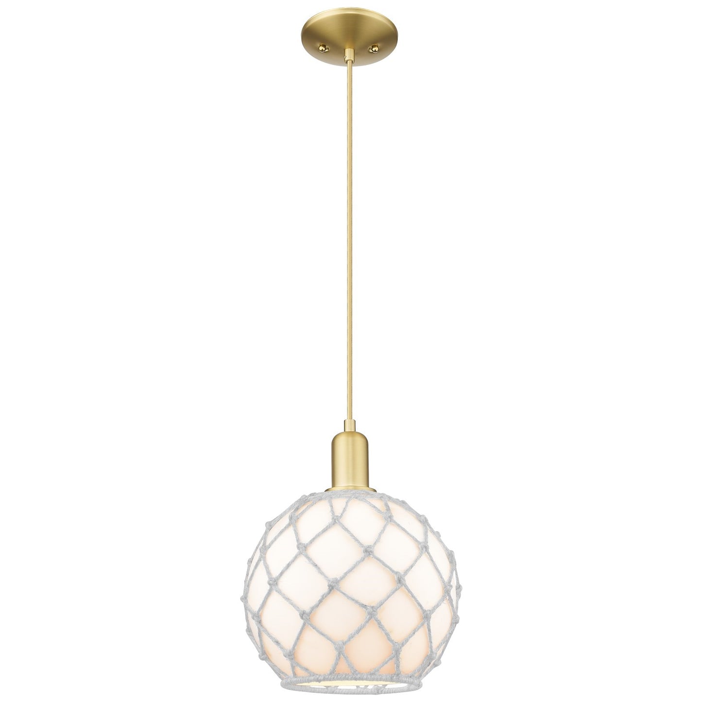 Innovations Farmhouse Rope 10in 1-Light Mini Pendant | Industrial Satin Gold Steel and White Glass with Rope | Kitchen Island | Model 716-1P-SG-G121-10RW