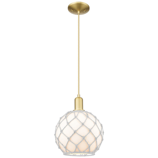Innovations Farmhouse Rope 10in 1-Light Mini Pendant | Industrial Satin Gold Steel and White Glass with Rope | Kitchen Island | Model 716-1P-SG-G121-10RW
