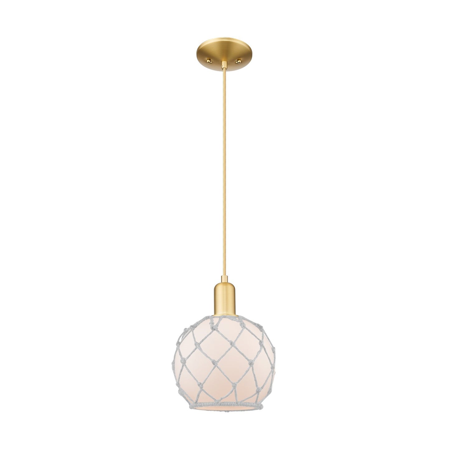 Innovations Farmhouse Rope 8in 1-Light Mini Pendant | Industrial Satin Gold Steel and White Frosted Glass Rope Shade | Kitchen | Model 716-1P-SG-G121-8RW