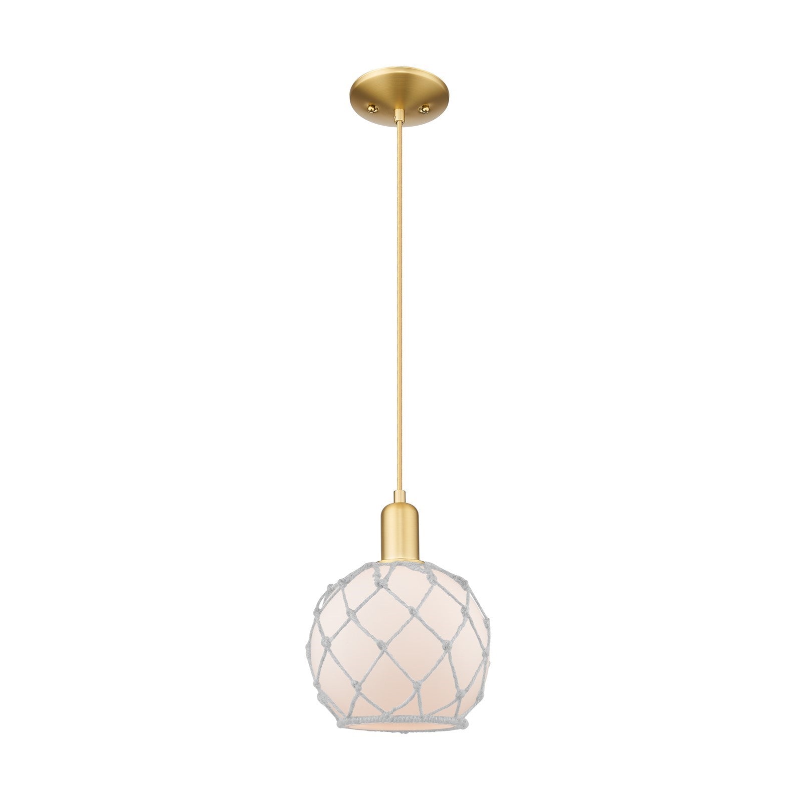 Innovations Farmhouse Rope 8in 1-Light Mini Pendant | Industrial Satin Gold Steel and White Frosted Glass Rope Shade | Kitchen | Model 716-1P-SG-G121-8RW