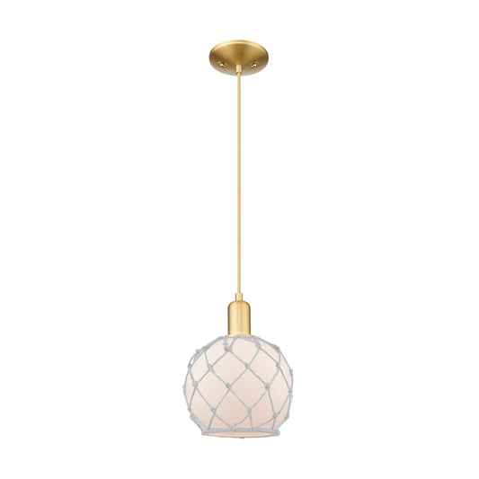 Innovations Farmhouse Rope 8in 1-Light Mini Pendant | Industrial Satin Gold Steel and White Frosted Glass Rope Shade | Kitchen | Model 716-1P-SG-G121-8RW