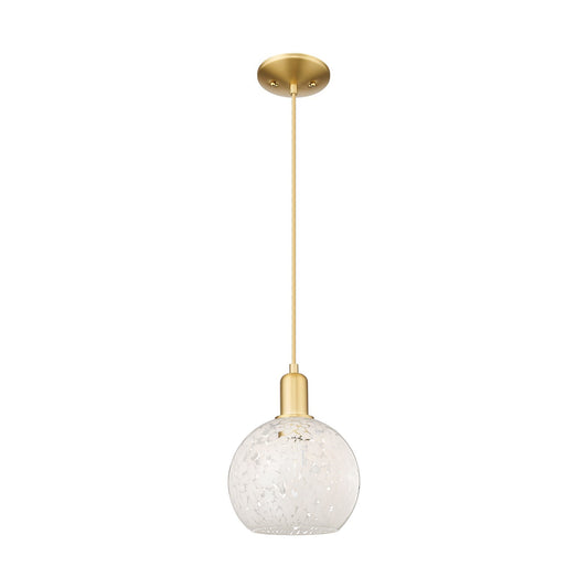 Innovations Lighting White Mouchette 8in 1-Light Mini Pendant | Industrial Satin Gold Steel and White Mouchette Glass | Model 716-1P-SG-G1216-8WM