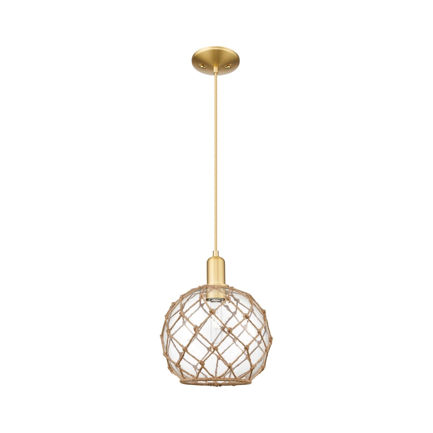 Innovations Farmhouse Rope 10in 1-Light Mini Pendant | Industrial Satin Gold Steel and Clear Glass with Brown Rope | Kitchen | Model 716-1P-SG-G122-10RB