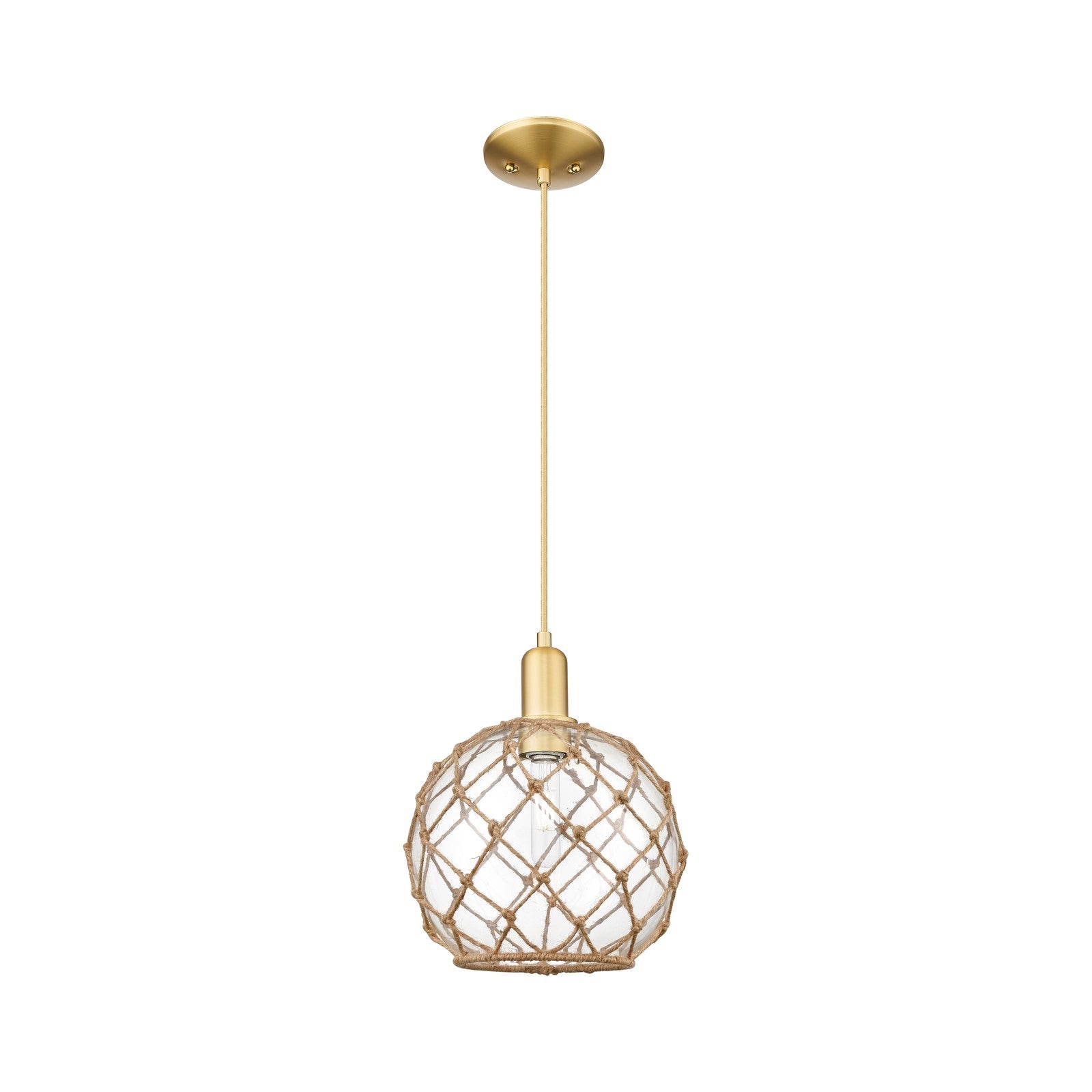 Innovations Farmhouse Rope 10in 1-Light Mini Pendant | Industrial Satin Gold Steel and Clear Glass with Brown Rope | Kitchen | Model 716-1P-SG-G122-10RB