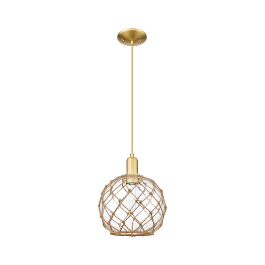 Innovations Farmhouse Rope 10in 1-Light Mini Pendant | Industrial Satin Gold Steel and Clear Glass with Brown Rope | Kitchen | Model 716-1P-SG-G122-10RB