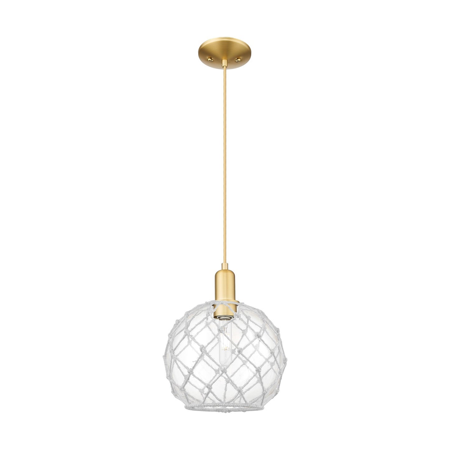 Innovations Farmhouse Rope 10in 1-Light Mini Pendant | Industrial Satin Gold Steel and Clear Glass with White Rope | Kitchen | Model 716-1P-SG-G122-10RW