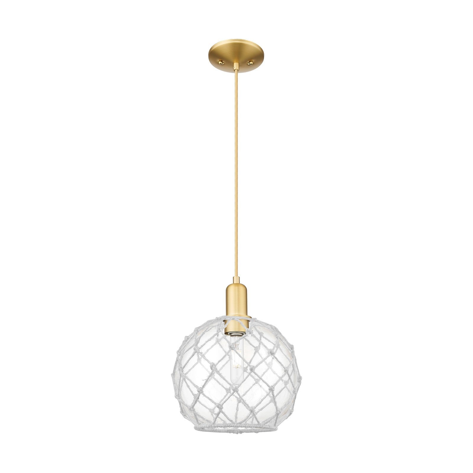 Innovations Farmhouse Rope 10in 1-Light Mini Pendant | Industrial Satin Gold Steel and Clear Glass with White Rope | Kitchen | Model 716-1P-SG-G122-10RW
